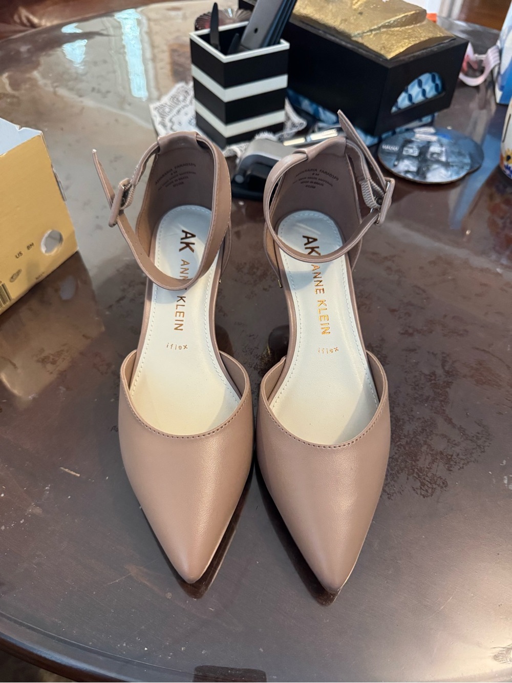 Anne Klein Taupe Pointed-Toe Ankle-Strap Heels